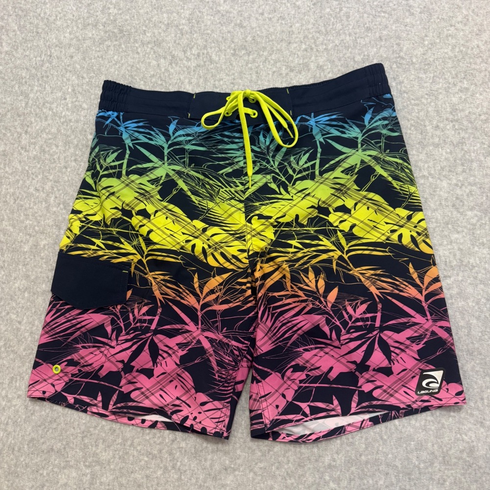 Laguna Mens Rainbow Ombre Tropical Leaf Swim Trunks Navy Blue Large Board Shorts